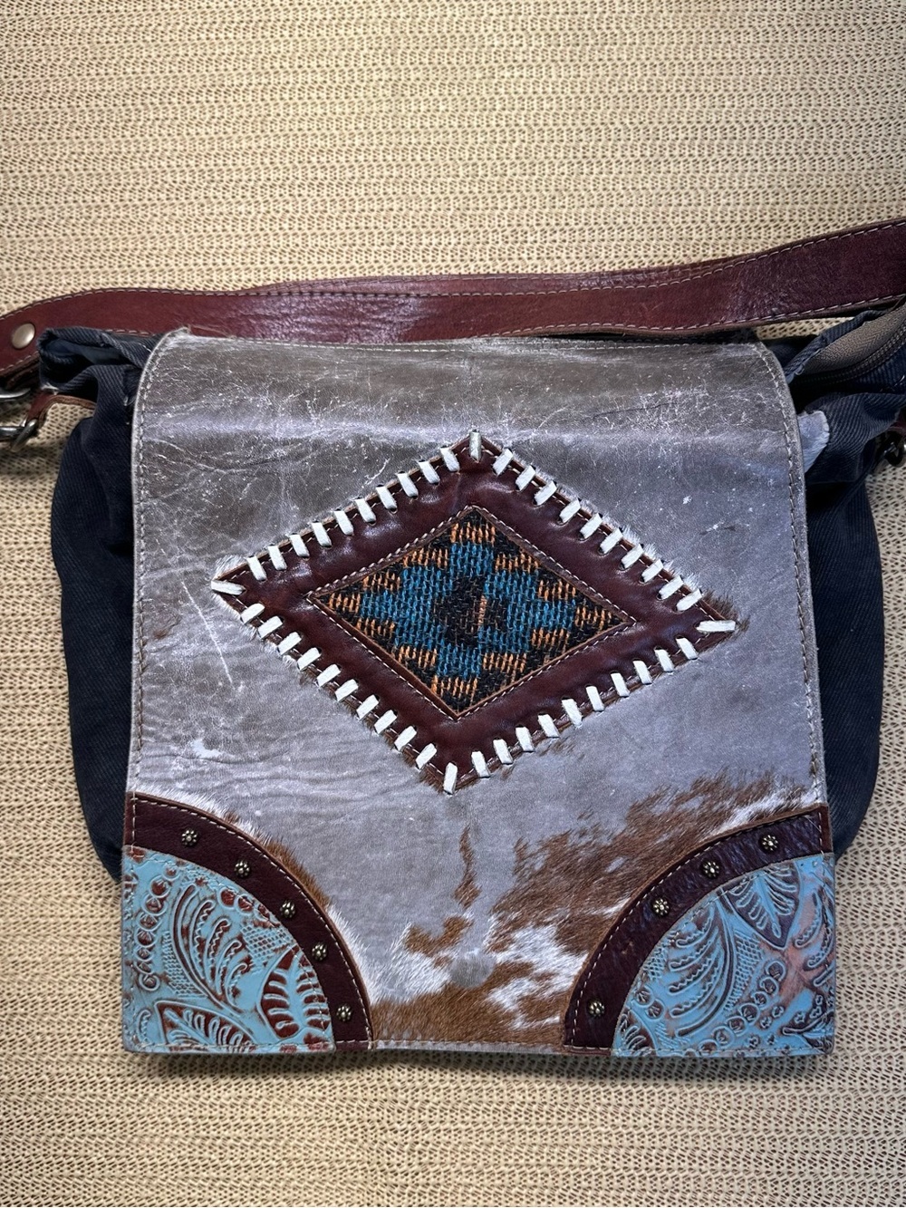Stylish Brown & Teal Leather Crossbody Bag
